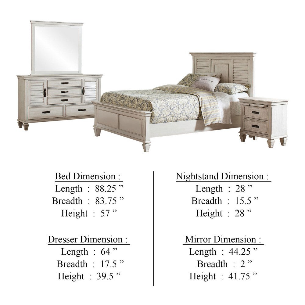 Eli 4 Piece King Size Bedroom Set | Rustic White Wood | Dresser Mirror