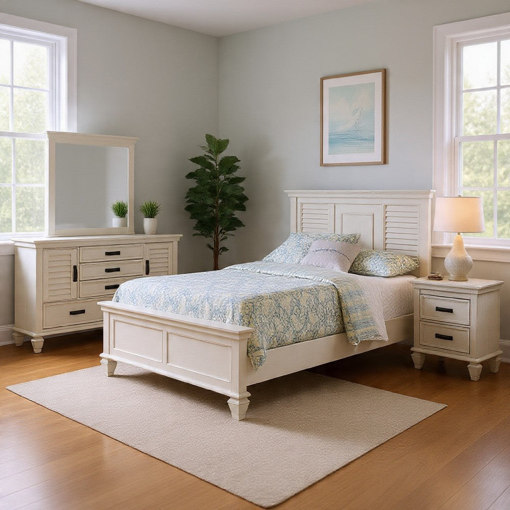 Eli 4 Piece King Size Bedroom Set | Rustic White Wood | Dresser Mirror