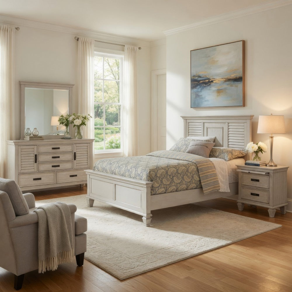 Eli 4 Piece King Size Bedroom Set | Rustic White Wood | Dresser Mirror