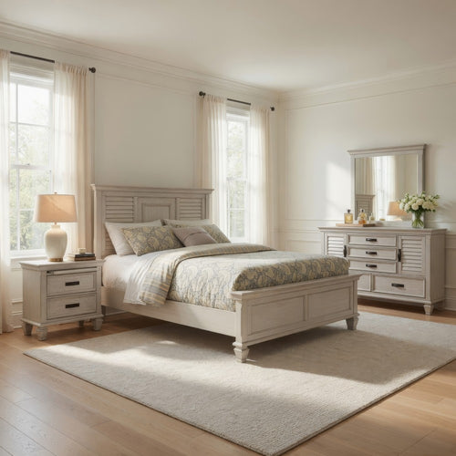 Eli 4 Piece King Size Bedroom Set | Rustic White Wood | Dresser Mirror
