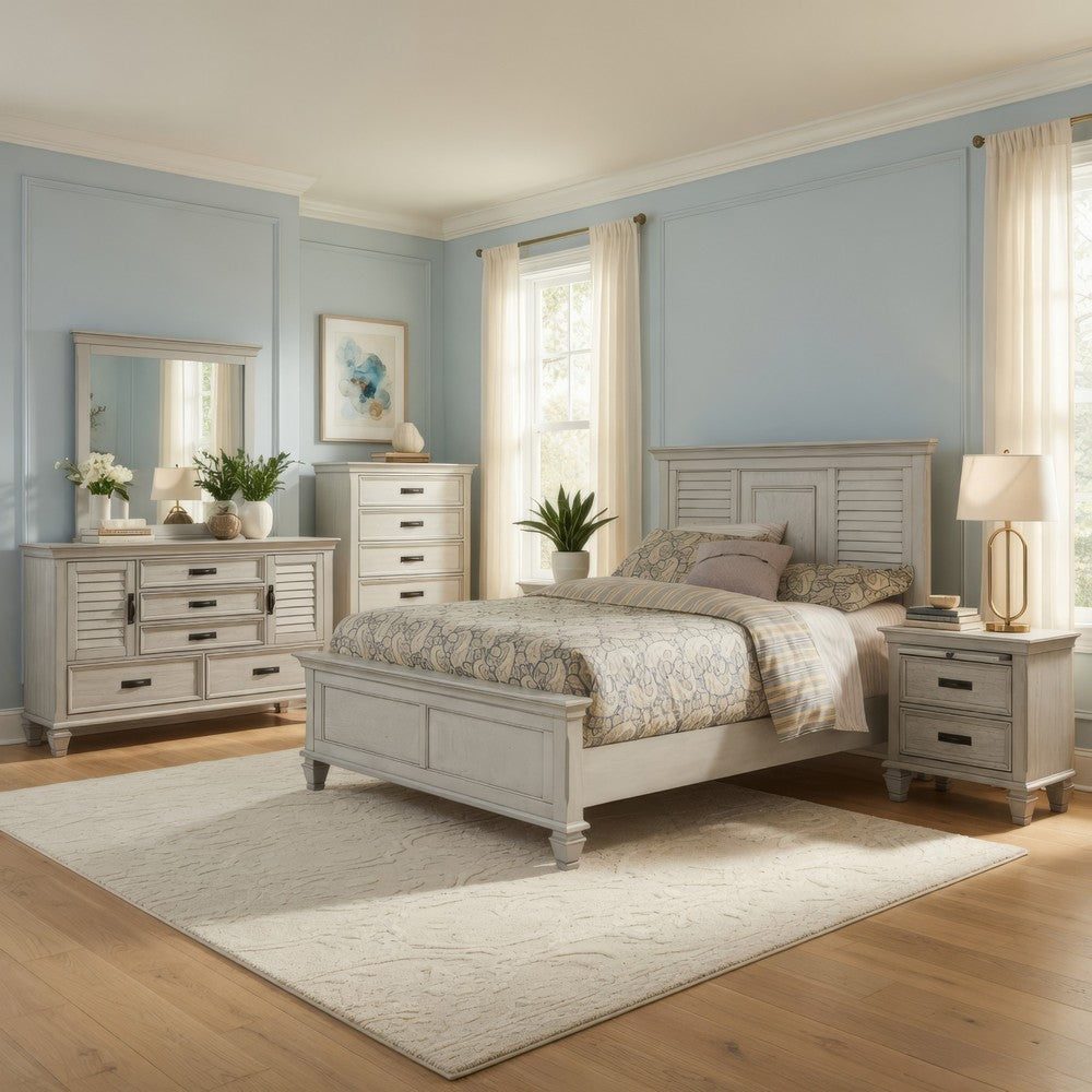 Eli 5 Piece King Size Bedroom Set | Rustic White Wood | Dresser Chest