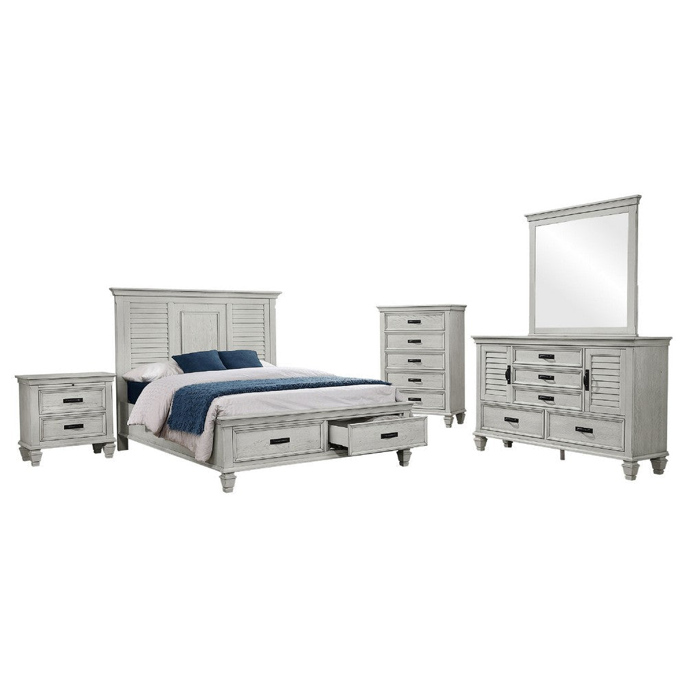Eli 5 Piece Queen Bedroom Set | Footboard Storage | Rustic White Wood