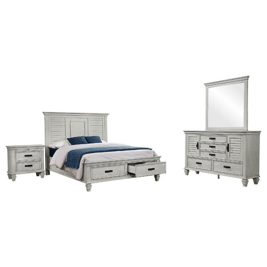 Eli 4 Piece King Bedroom Set | Footboard Storage | Rustic White Wood