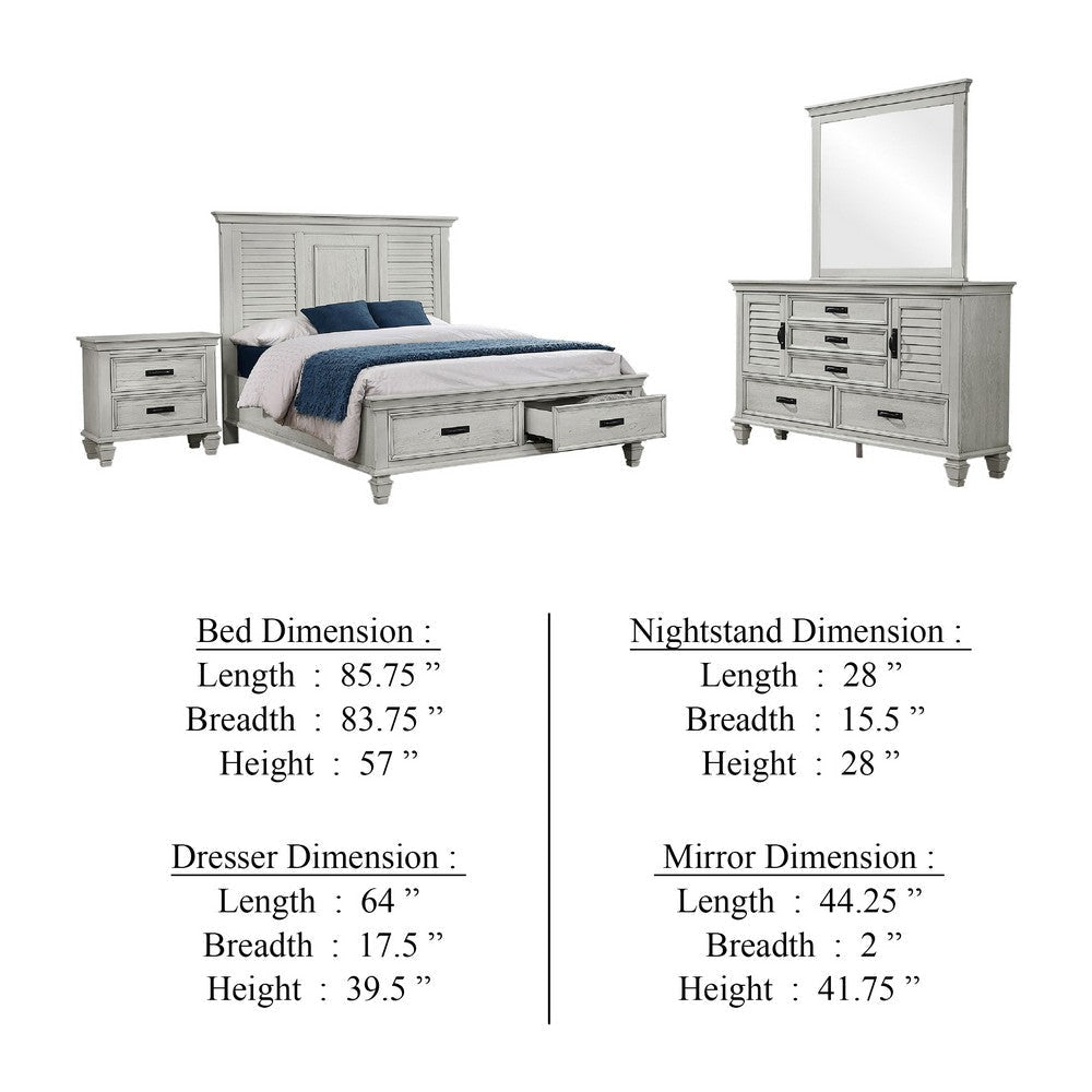 Eli 4 Piece King Bedroom Set | Footboard Storage | Rustic White Wood BM340117