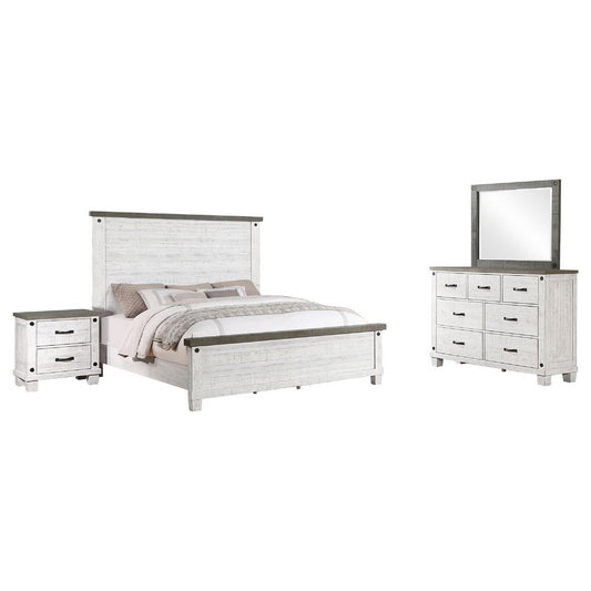 Meki 4 Piece Queen Size Bed Set | White Pine Veneer | Farmhouse Style