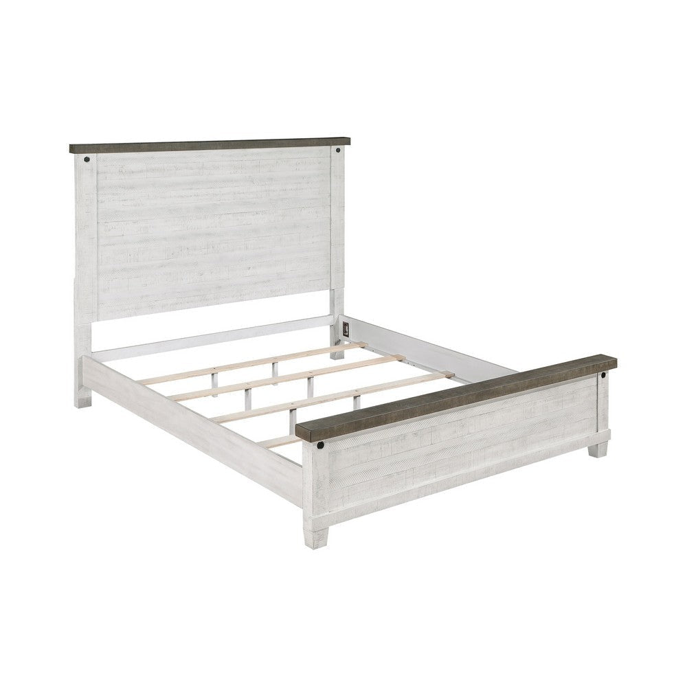 Meki 5 Piece Queen Size Bed Set | White Pine Veneer | Farmhouse Style BM340124