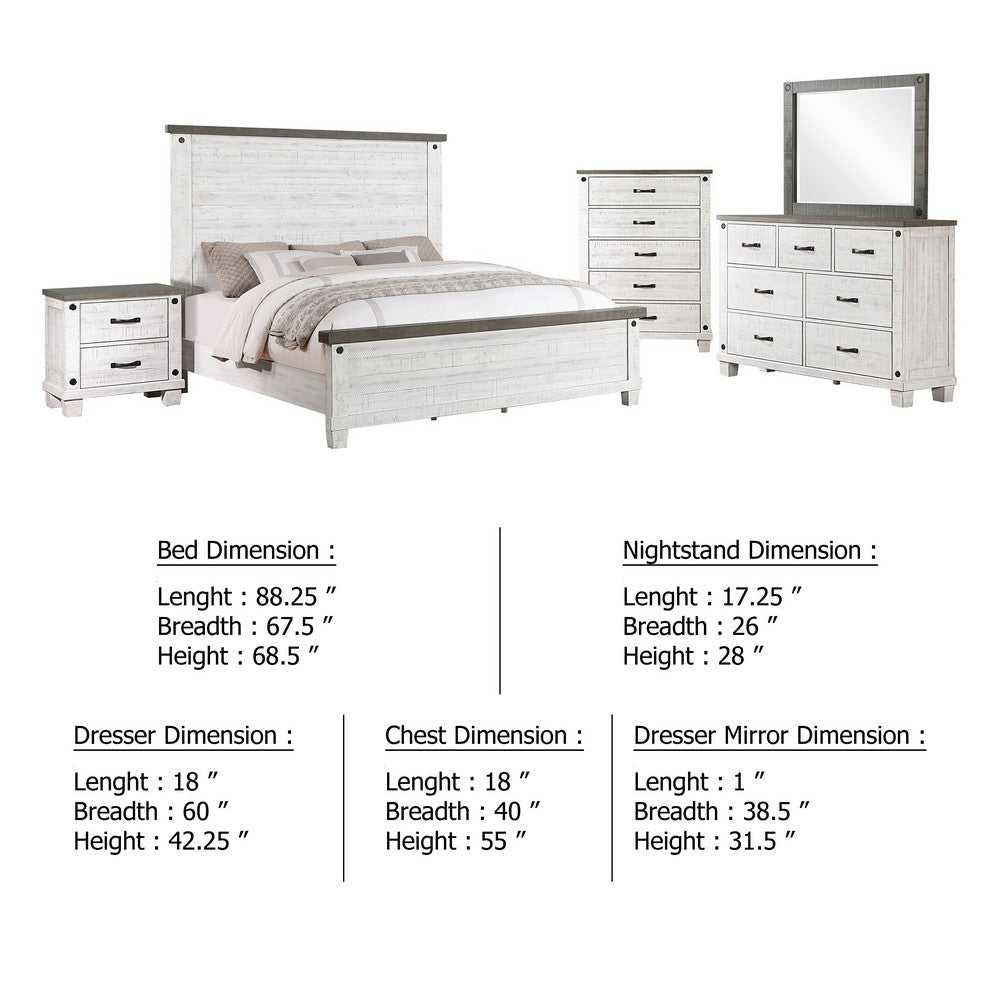 Meki 5 Piece Queen Size Bed Set | White Pine Veneer | Farmhouse Style BM340124