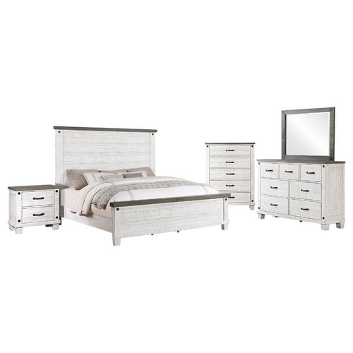 Meki 5 Piece King Size Bed Set | White Pine Veneer | Farmhouse Style