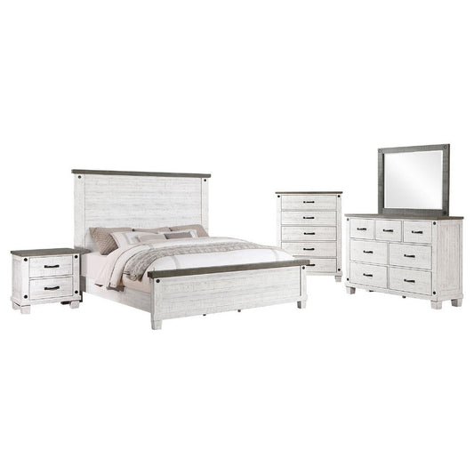 Meki 5 Piece King Size Bed Set | White Pine Veneer | Farmhouse Style