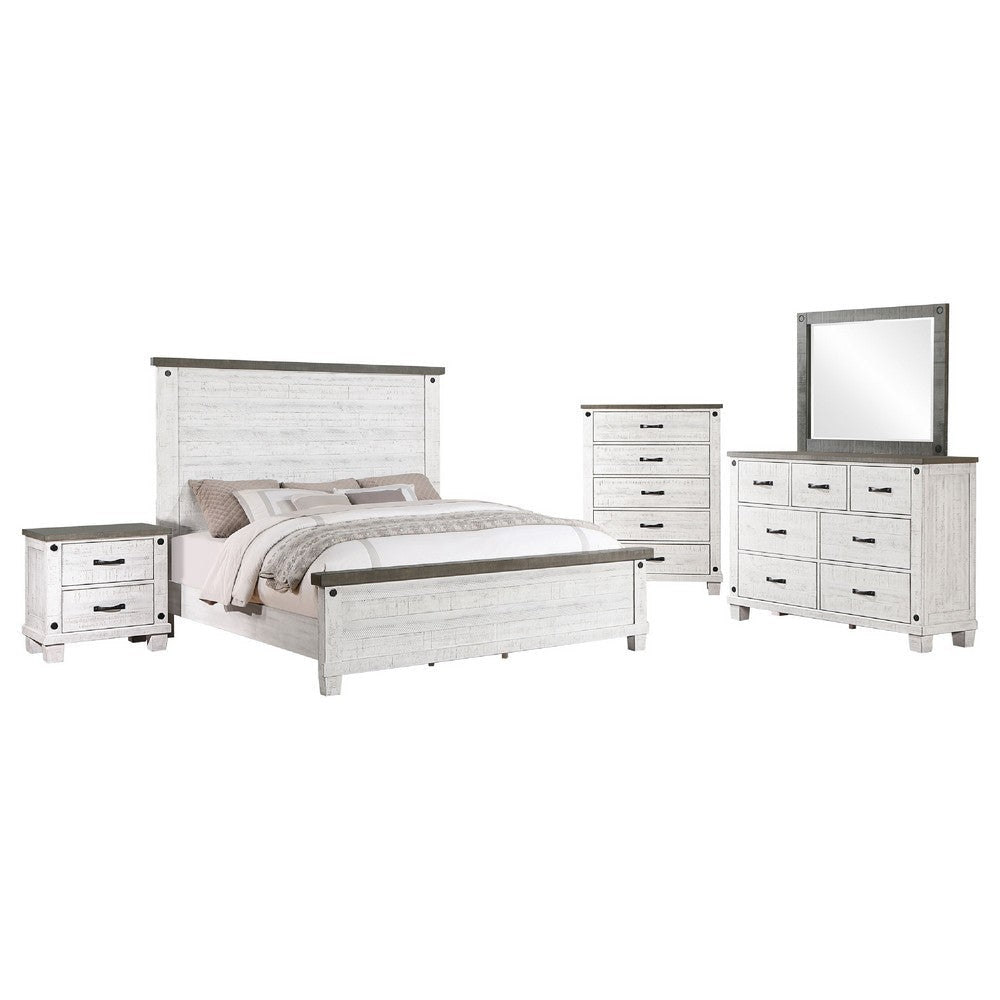 Meki 5 Piece King Size Bed Set | White Pine Veneer | Farmhouse Style