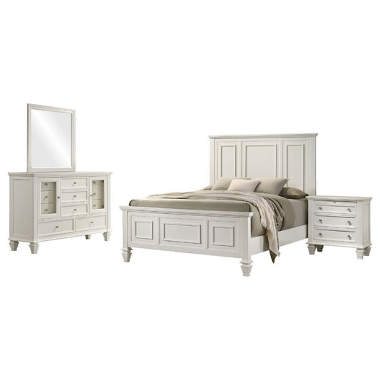 Lila 4 Piece Queen Bed Set | White Wood Panel Headboard | Vanity Dresser