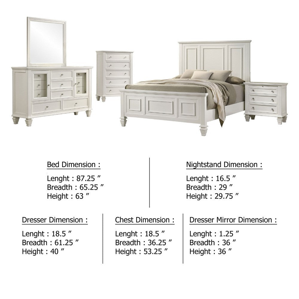 Lila 5 Piece Queen Bed Set | White Wood Headboard | Vanity Dresser & Chest BM340128