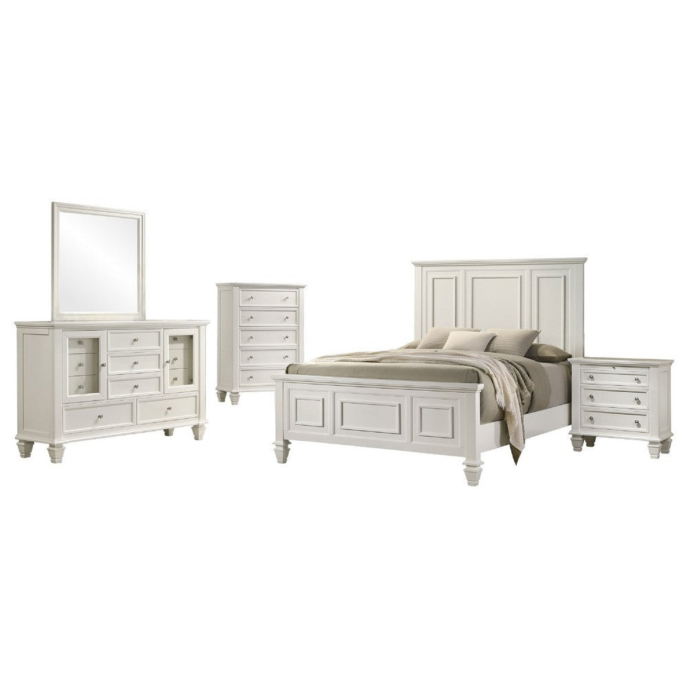 Lila 5 Piece Queen Bed Set | White Wood Headboard | Vanity Dresser & Chest