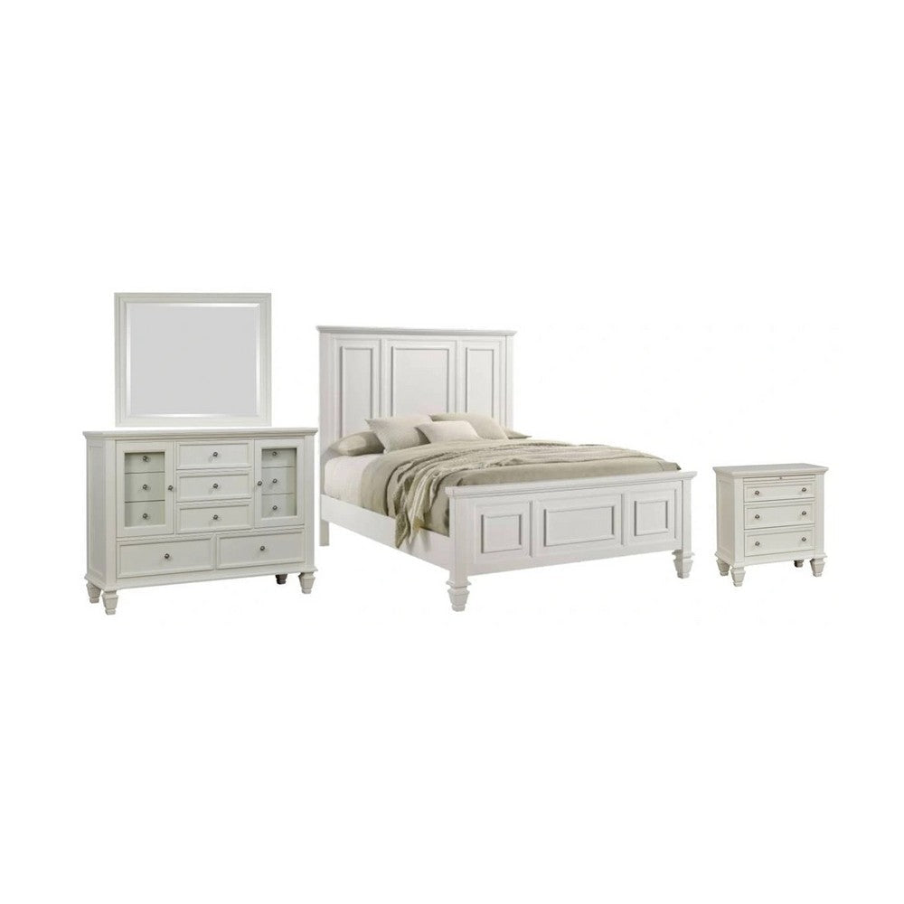 Lila 4 Piece King Bed Set | White Wood Panel Headboard | Vanity Dresser