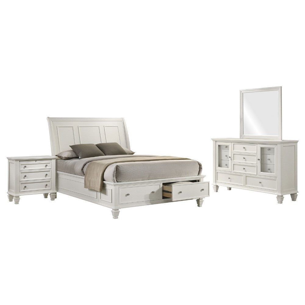Lila 4pc Queen Bed Set with Storage Footboard | White Panel | Vanity Dresser
