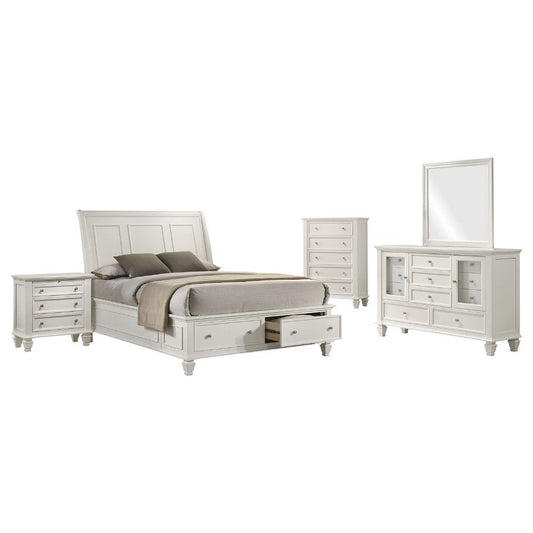 Lila 5pc Queen Bed Set with Storage Footboard | White | Vanity Dresser & Chest