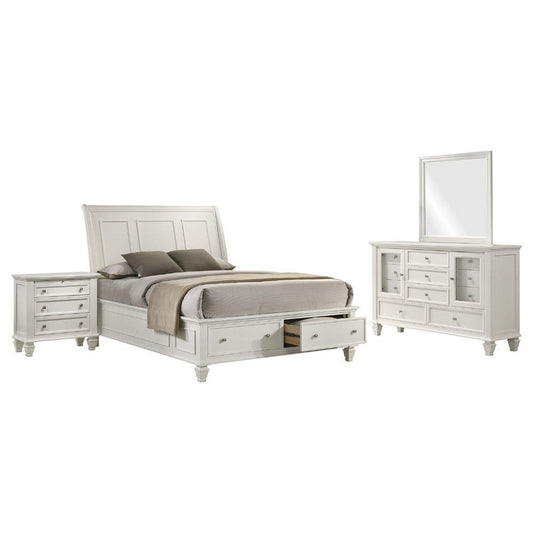 Lila 4pc King Bed Set with Storage Footboard | White Panel | Vanity Dresser