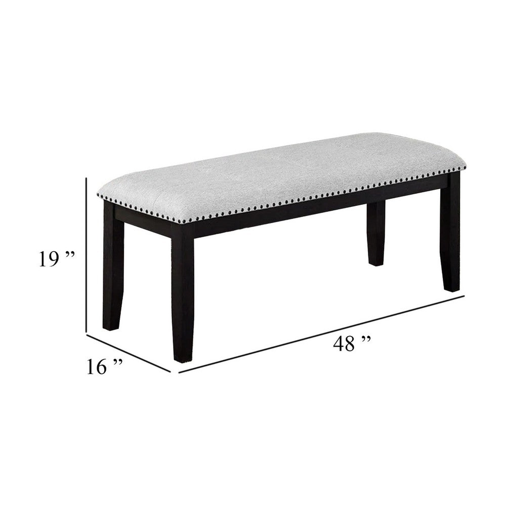 Amber Dining Bench | Gray Fabric Seat w Nailheads | Black Wood | 48"