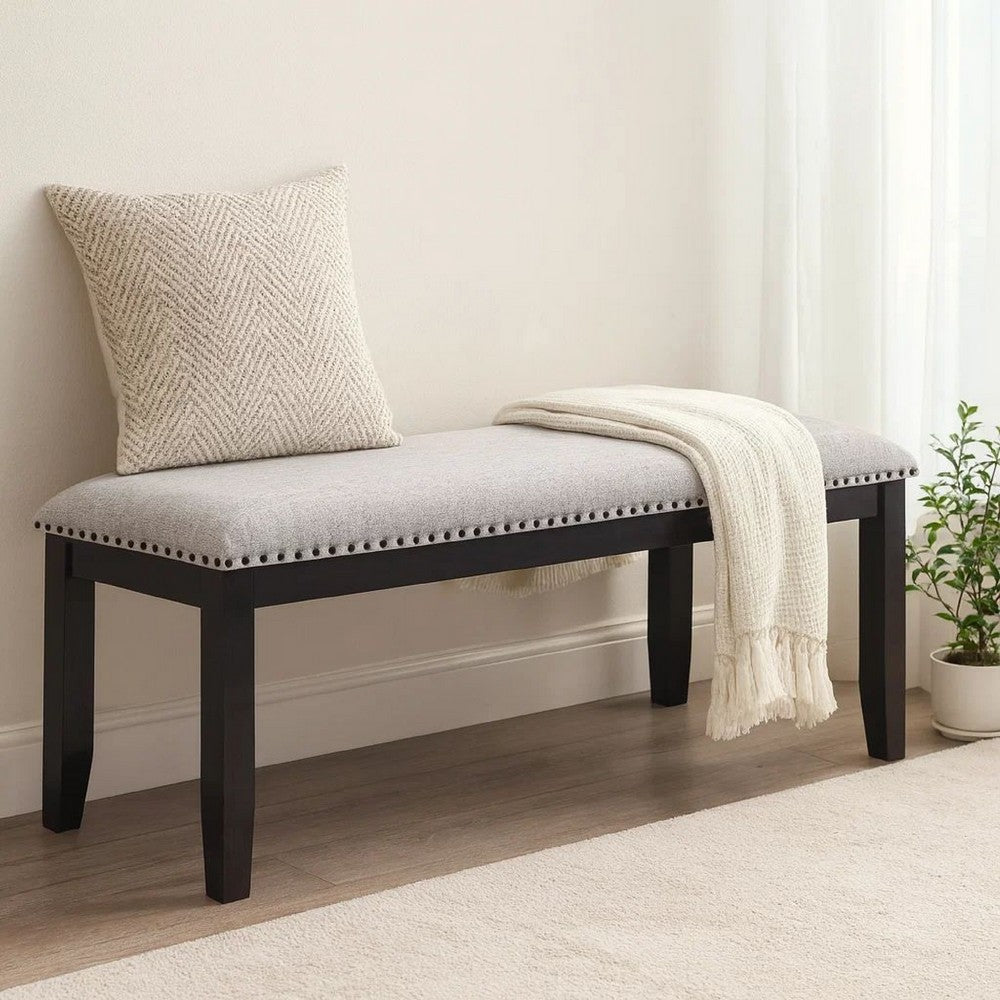 Amber Dining Bench | Gray Fabric Seat w Nailheads | Black Wood | 48"