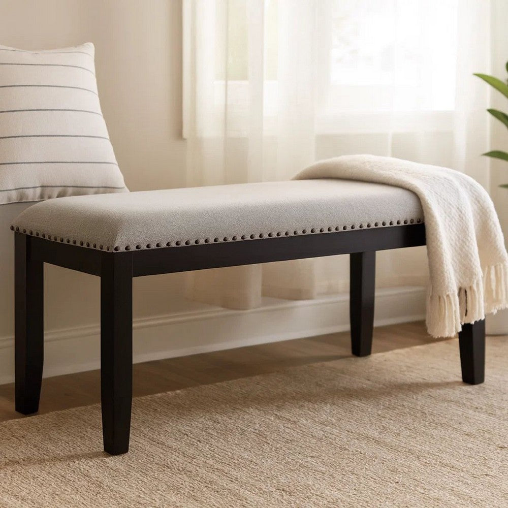 Amber Dining Bench | Gray Fabric Seat w Nailheads | Black Wood | 48"