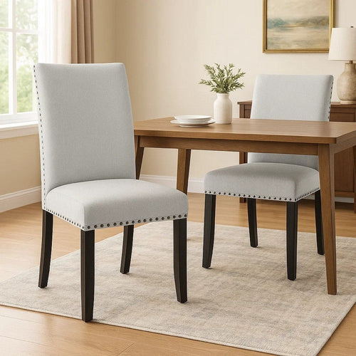 Viem Dining Chair Set of 2 | Black Wood | Gray Fabric Seat | Nailhead Trim BM340154
