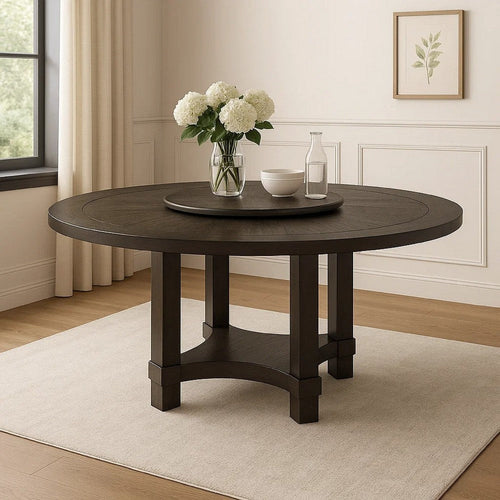 Jefy Dining Table | 60" Round Top w Lazy Suzan | Espresso Brown Wood