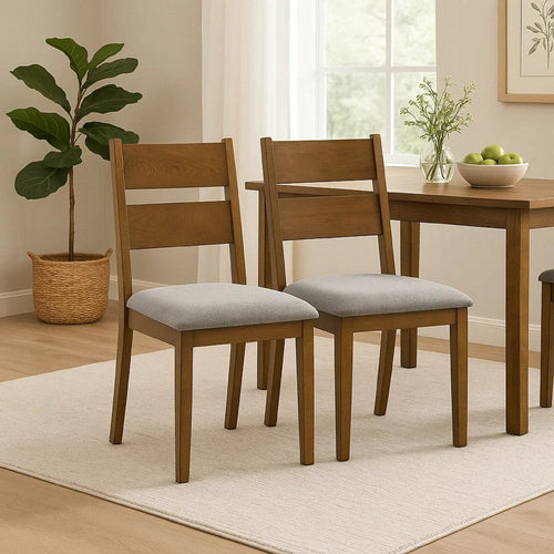 Lyoi Dining Chair Set of 2 | Gray Padded Fabric Seat | Brown Wood Legs BM340164