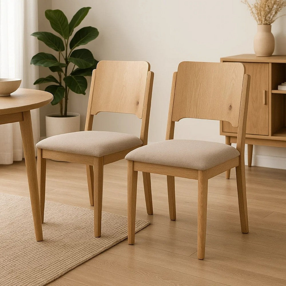 Aruk Dining Chair Set of 2 | Khaki Padded Fabric Seat | Brown Wood Legs