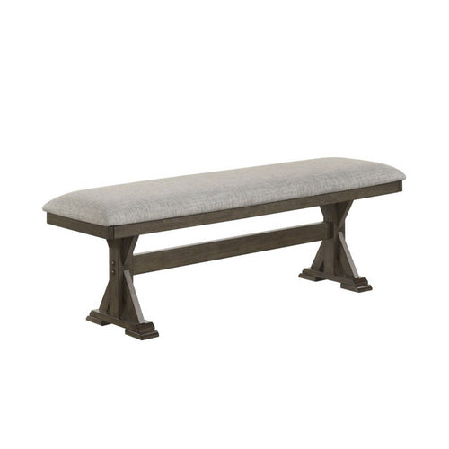 Omal Dining Bench | Brown Wood | 53" Rectangular Gray Fabric Seat