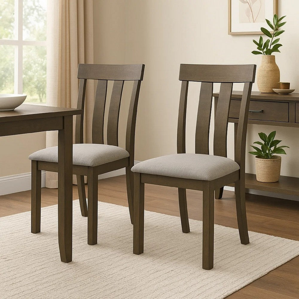 Omal Set of 2 Dining Chairs | Brown Wood Slatted Back | Gray Fabric Seat