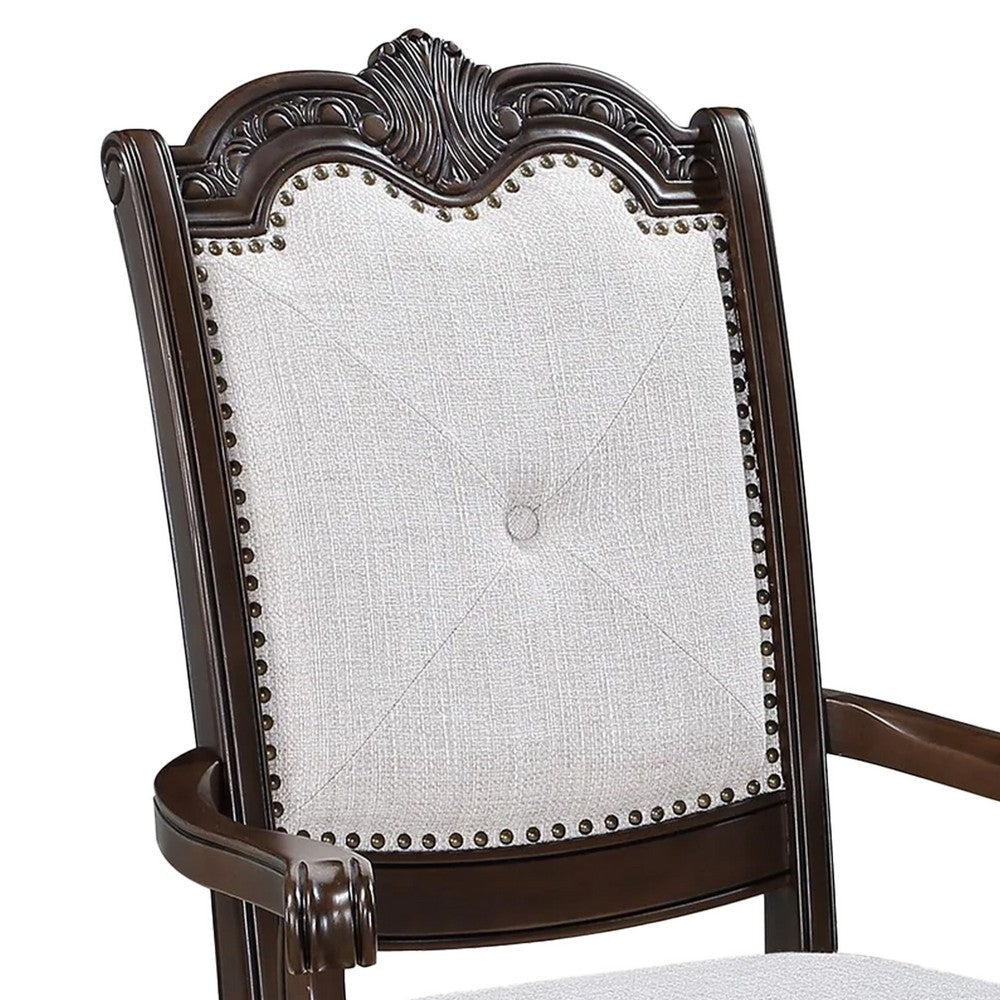 Cary Dining Armchair Set of 2 | Beige Linen | Scrolled Coffee Brown Wood BM340171