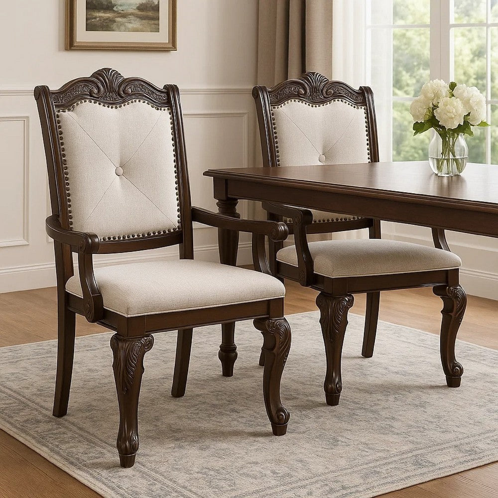 Cary Dining Armchair Set of 2 | Beige Linen | Scrolled Coffee Brown Wood BM340171