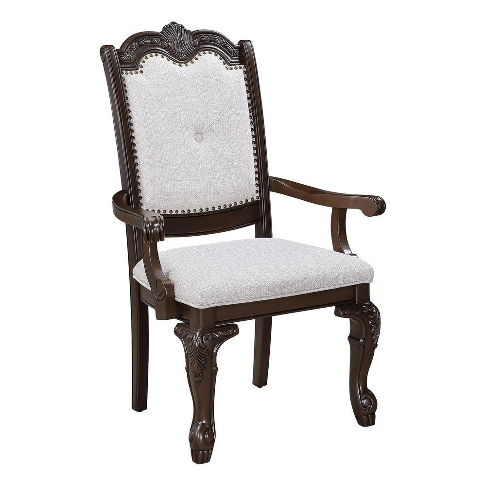 Cary Dining Armchair Set of 2 | Beige Linen | Scrolled Coffee Brown Wood