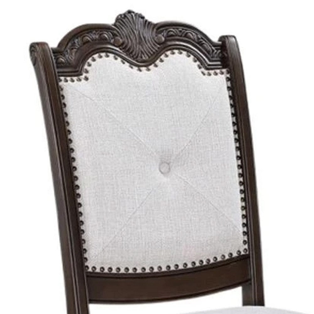 Cary Side Dining Chair Set of 2 | Beige Linen | Scrolled Coffee Brown Wood BM340172