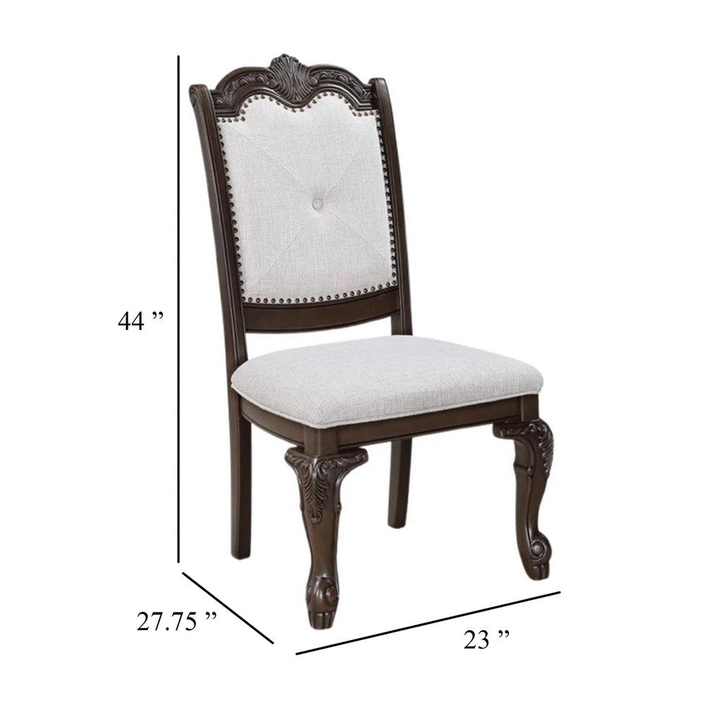 Cary Side Dining Chair Set of 2 | Beige Linen | Scrolled Coffee Brown Wood BM340172