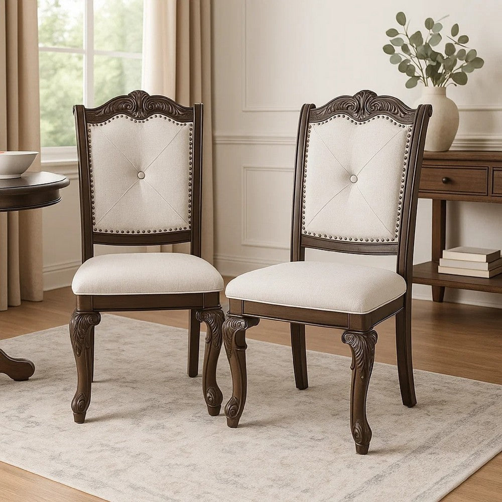 Cary Side Dining Chair Set of 2 | Beige Linen | Scrolled Coffee Brown Wood BM340172
