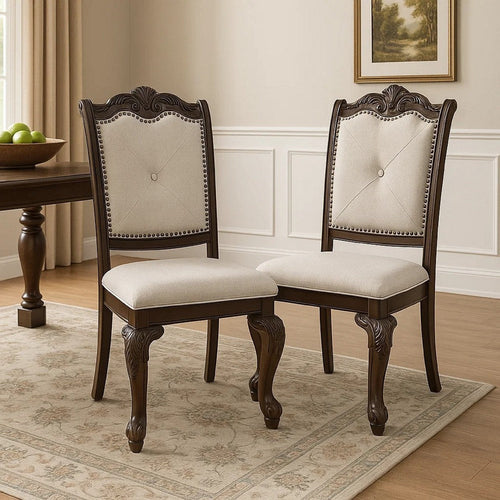Cary Side Dining Chair Set of 2 | Beige Linen | Scrolled Coffee Brown Wood BM340172