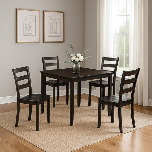 Hamo 5pc Dining Table & 4 Chairs Set | Espresso Brown | Ladder Backrest