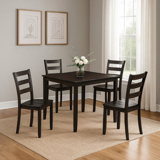 Hamo 5pc Dining Table & 4 Chairs Set | Espresso Brown | Ladder Backrest