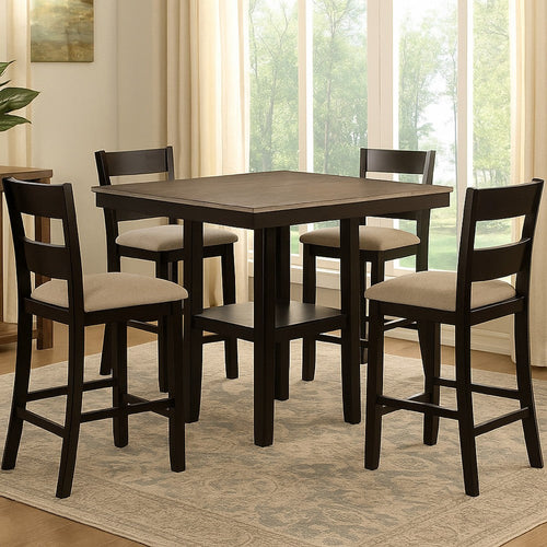 Losy 5pc Counter Height Table & 4 Chairs Set | Square Wood Top | Gray