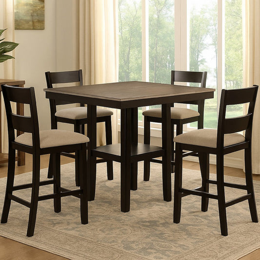 Losy 5pc Counter Height Table & 4 Chairs Set | Square Wood Top | Gray