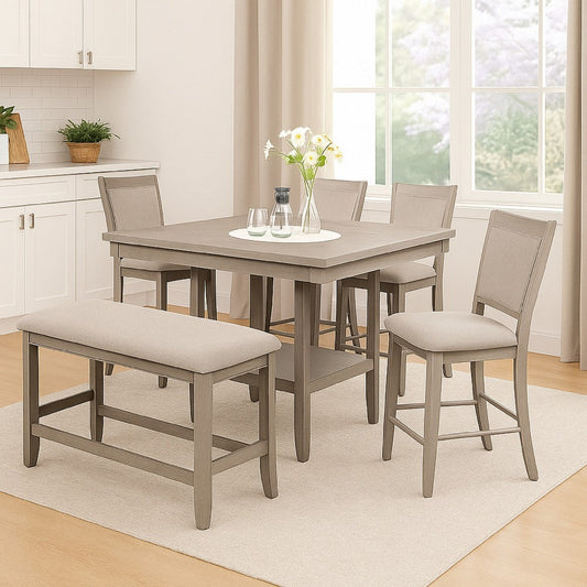 Filu Counter Height Dining Bench | 40" White Oak Wood | Light Gray