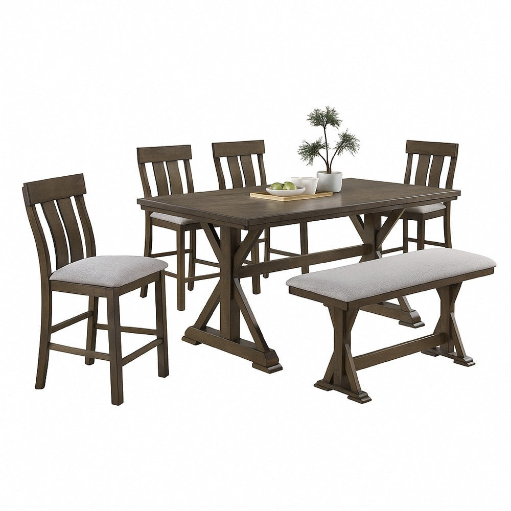 Omal Counter Height Dining Chair Set of 2 | Brown Slatted Back | Gray Fabric BM340218