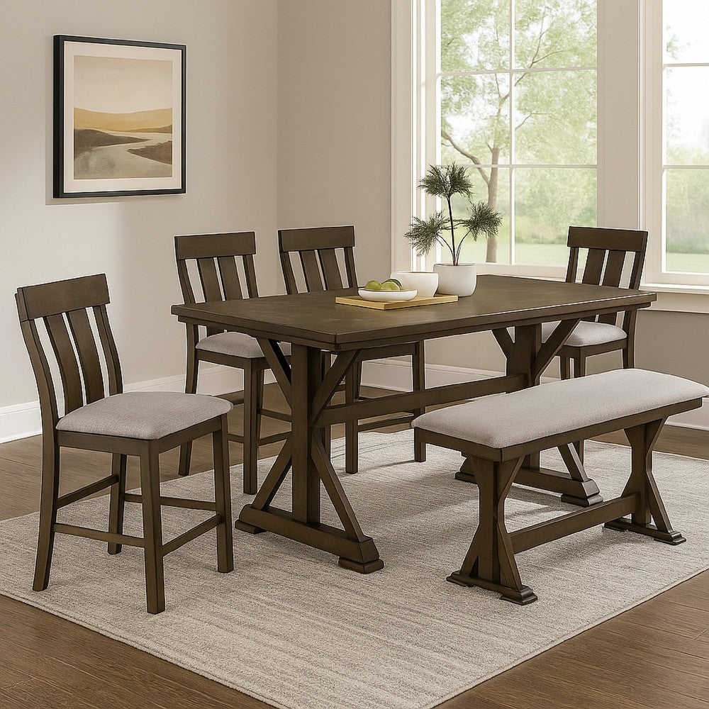 Omal Counter Height Dining Chair Set of 2 | Brown Slatted Back | Gray Fabric