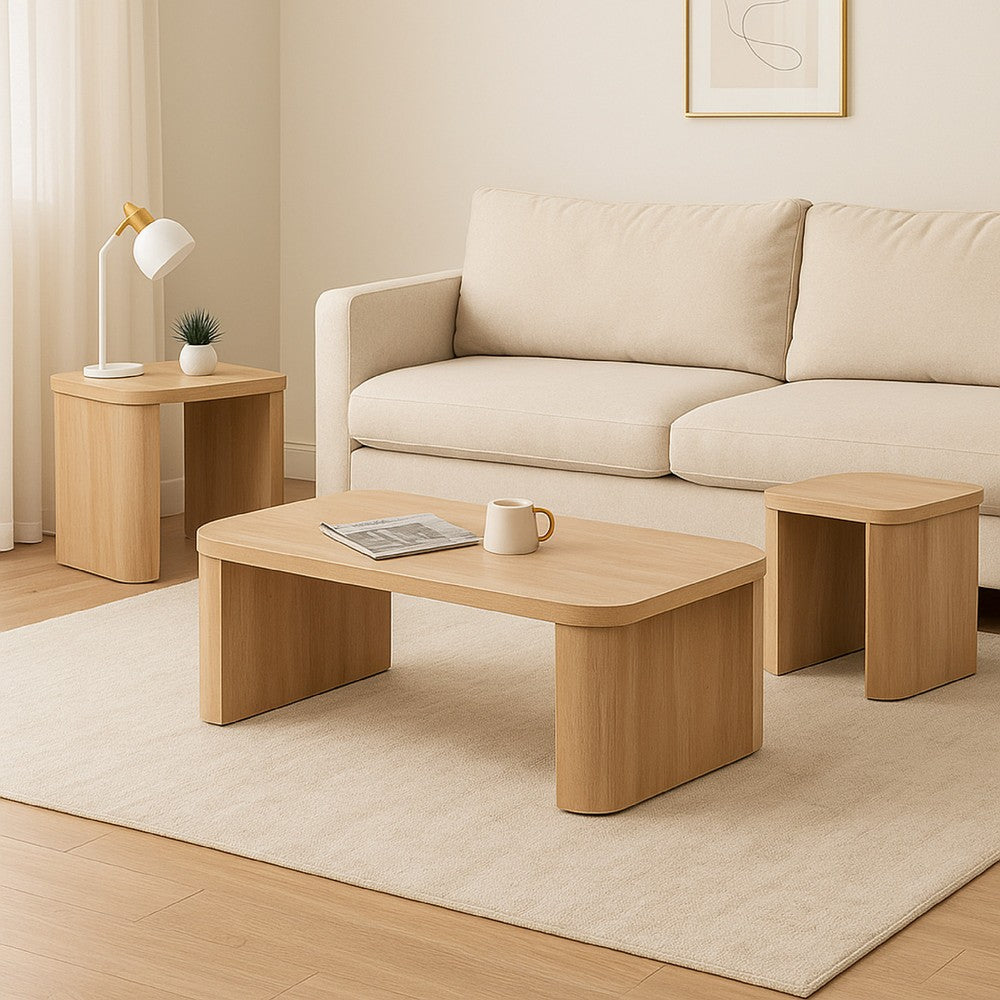 Asoi 3pc Coffee & End Table Set | Natural Brown Scandinavian Veneer