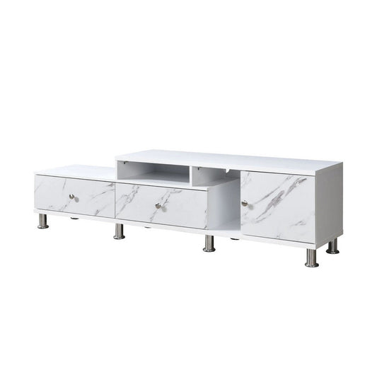 Hopo TV Stand Media Cabinet | 2 Drawers | Cabinet | White Faux Marble | 71"
