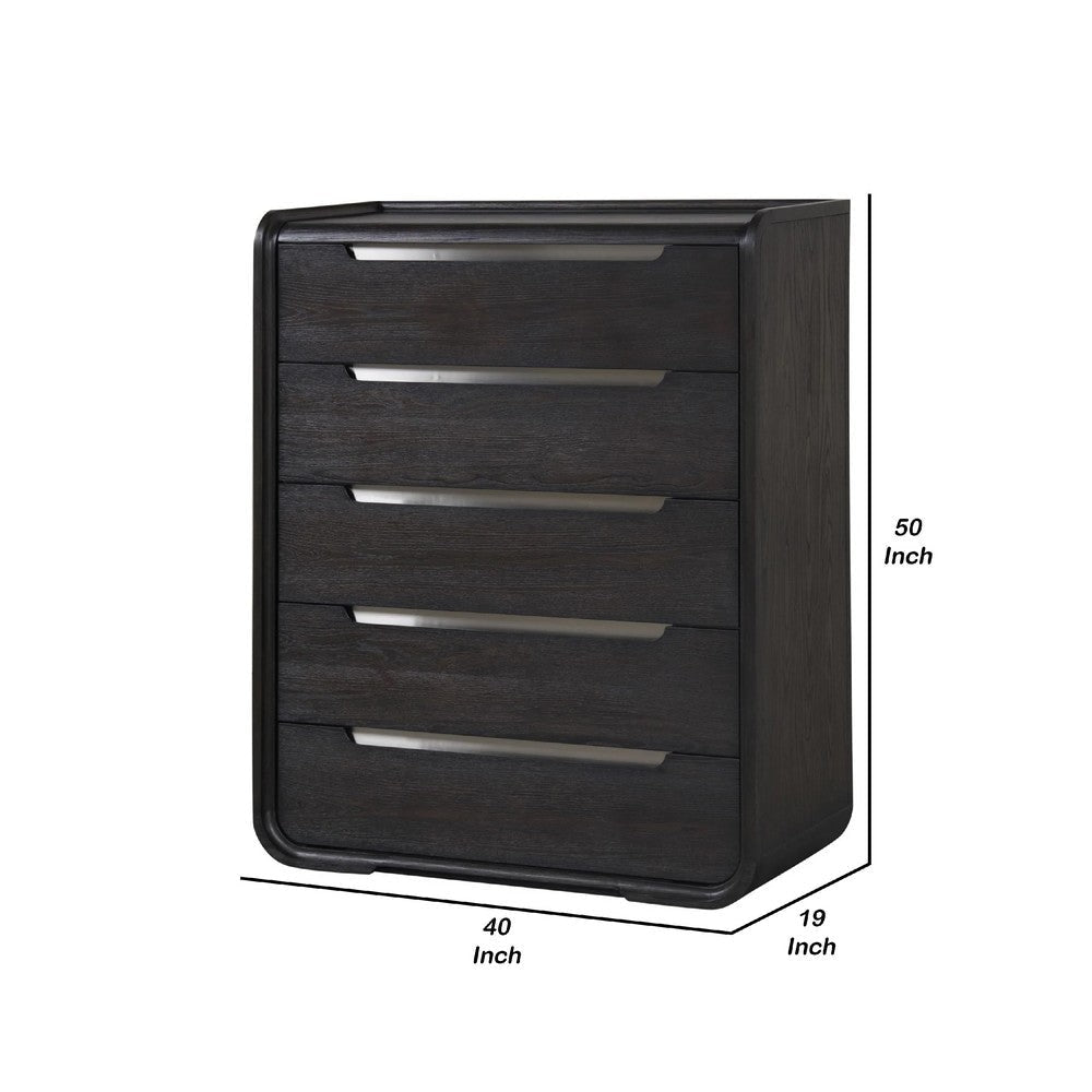 Osko 5 Drawer Tall Dresser Chest | Black Solid Poplar Wood | Steel Trim BM340226