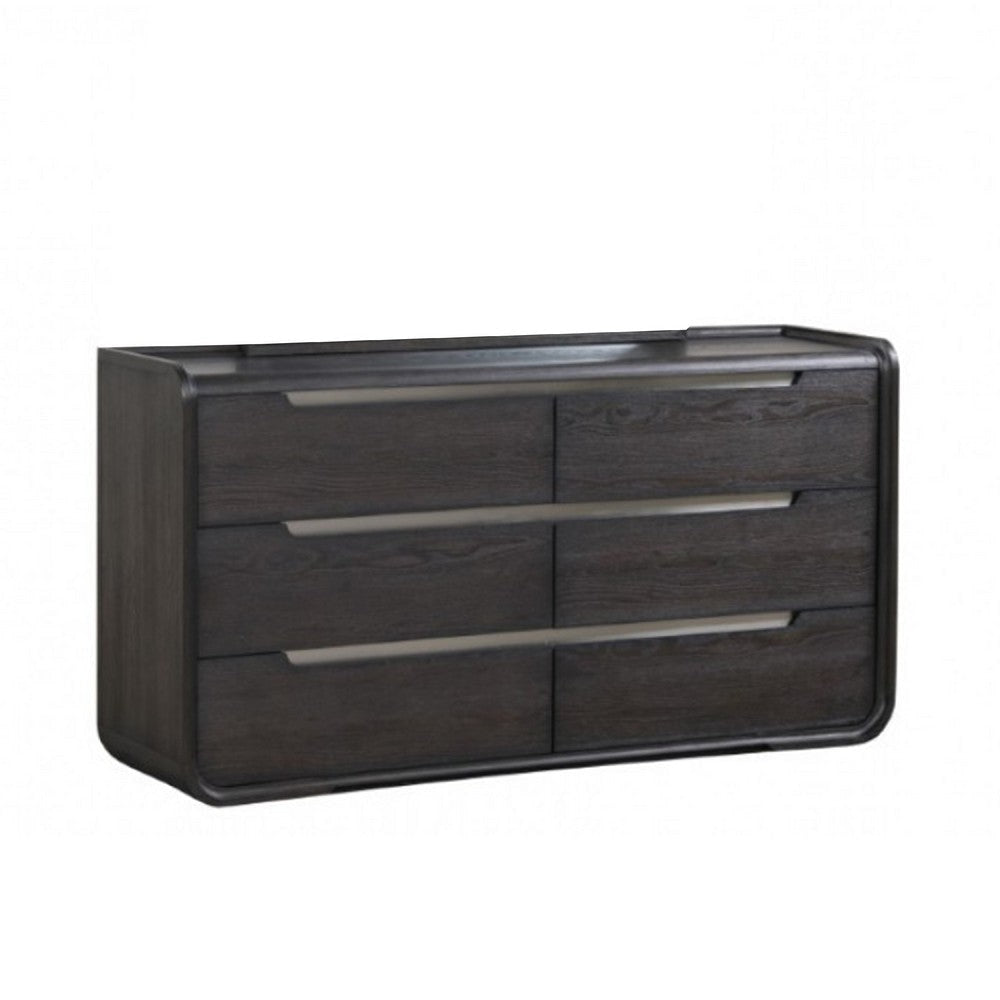 Osko 6 Drawer Wide Dresser | Black Solid Wood | Stainless Steel Trim