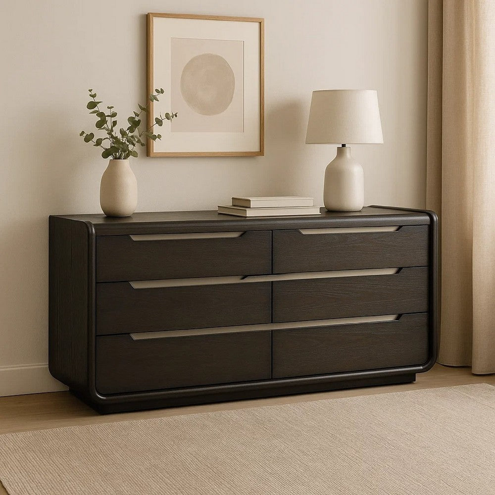 Osko 6 Drawer Wide Dresser | Black Solid Wood | Stainless Steel Trim BM340227