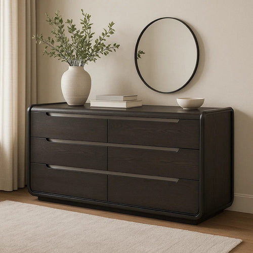 Osko 6 Drawer Wide Dresser | Black Solid Wood | Stainless Steel Trim